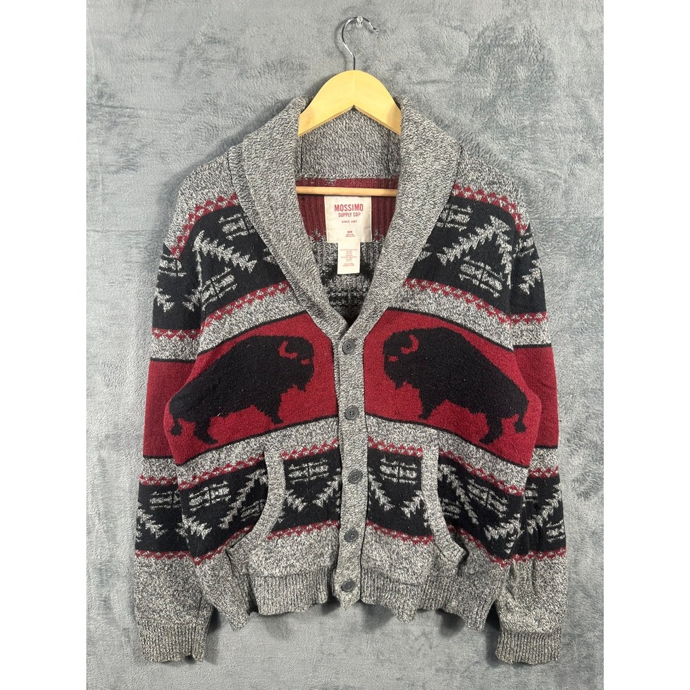 Mossimo Supply Co Mens Buffalo Shawl Collar Cardigan Sweater Grey Red Black M